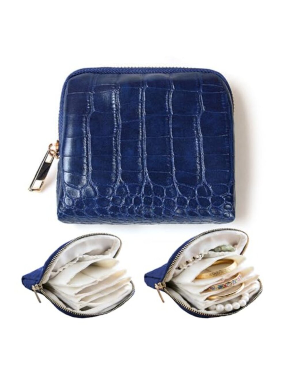 Mini Travel Jewelry Case Organizer with Smooth Metal Zipper, Faux Leather,